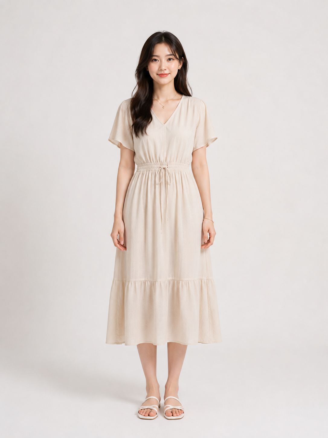 Dress Mid-Length V-Neck Casual Cream